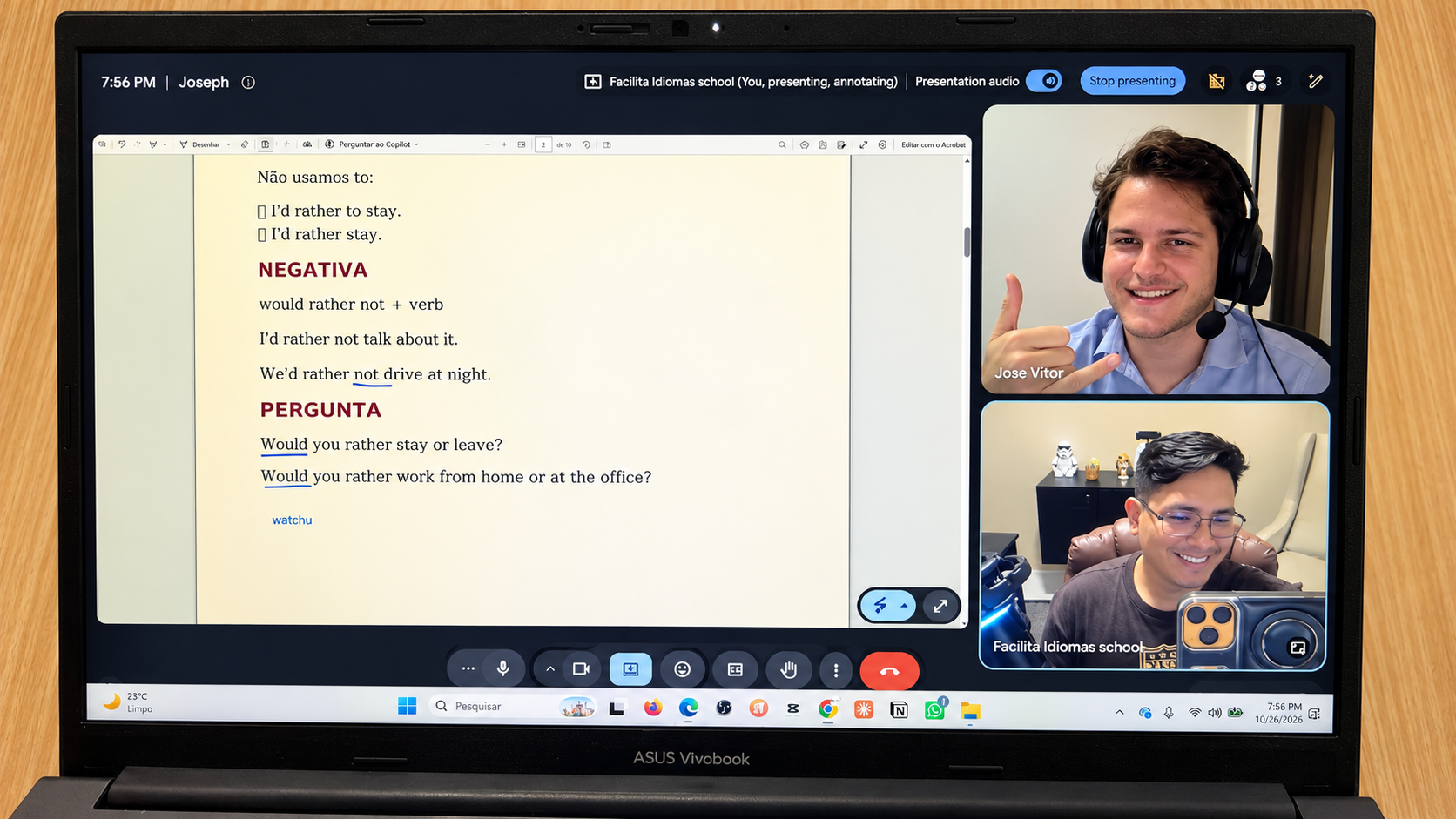 Aula individual de inglês com Jose e Paolo